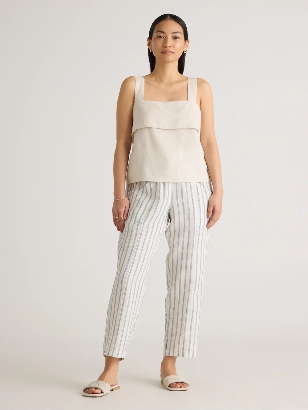 Quince 100% European Linen Stripe Pull-On Pants White Black XS Coastal